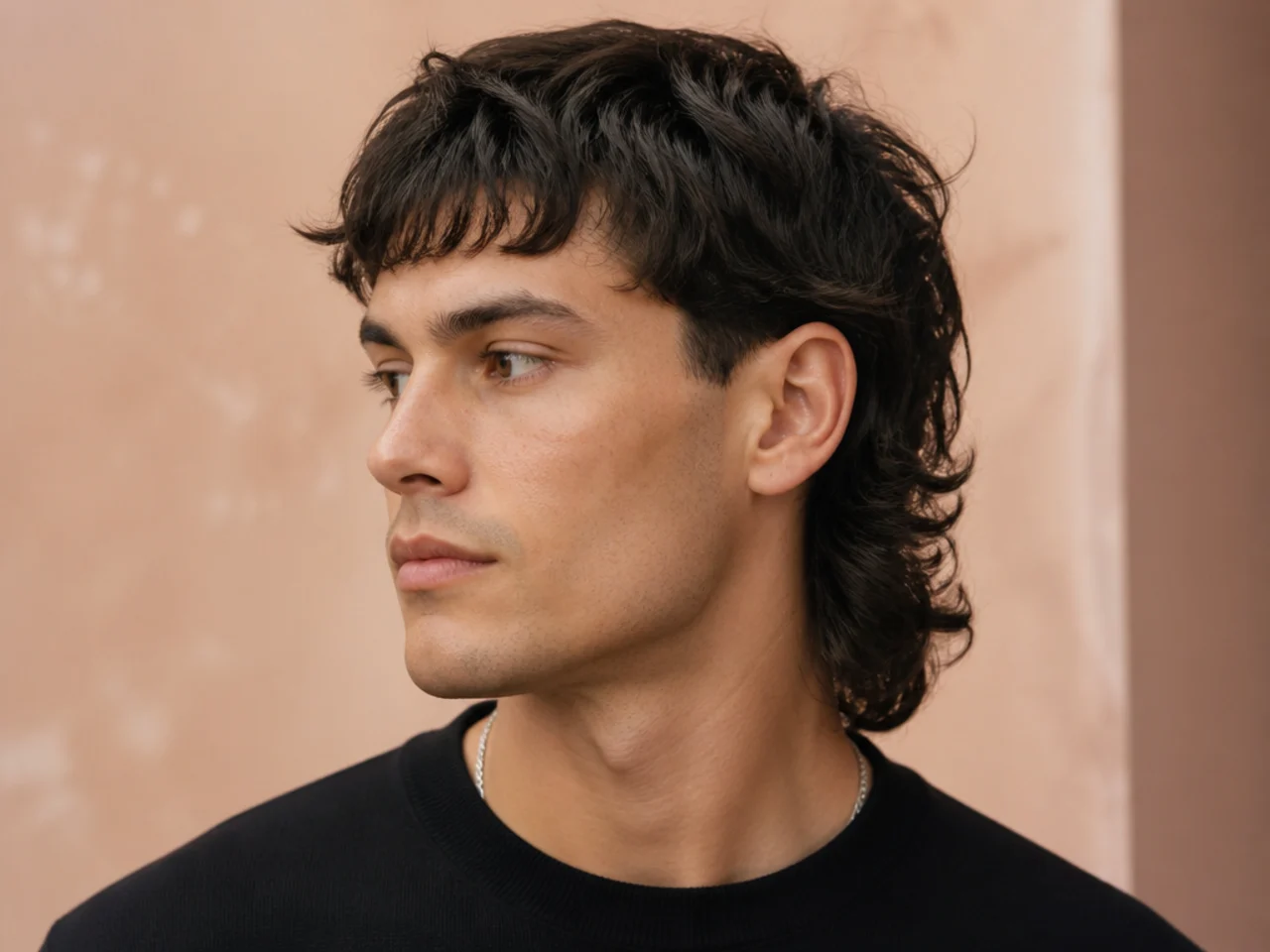 Modern comma mullet haircut with a soft defined front comma curl, low taper sides, and a controlled two and a half inch mullet at the nape on straight dark hair