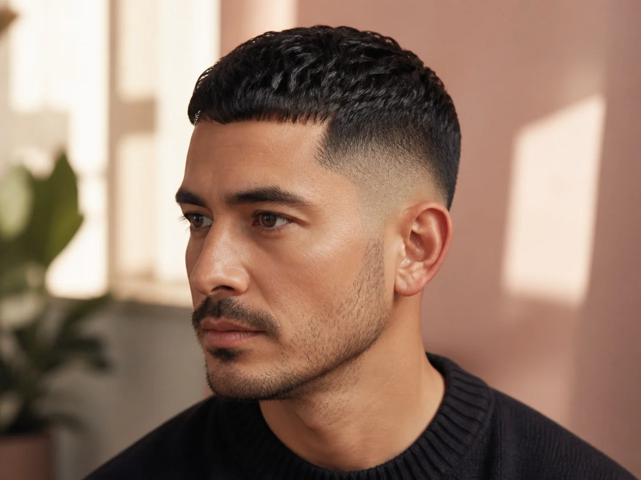 A sideburn squared level with the ear