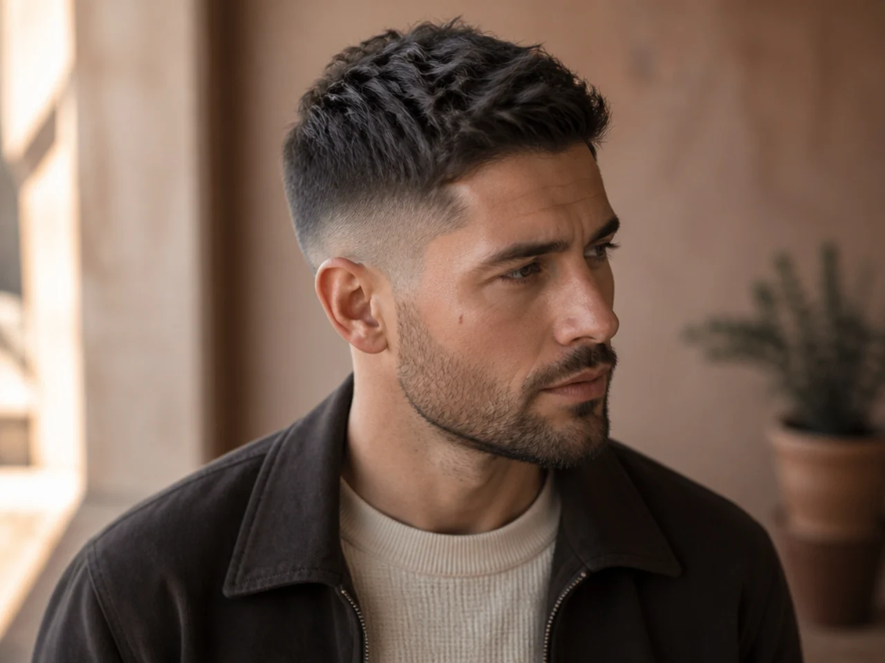 Three-quarter view of a modern short men's haircut