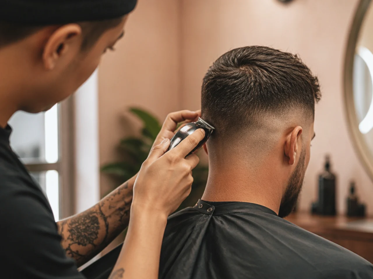 A barber blending the transition on a short haircut