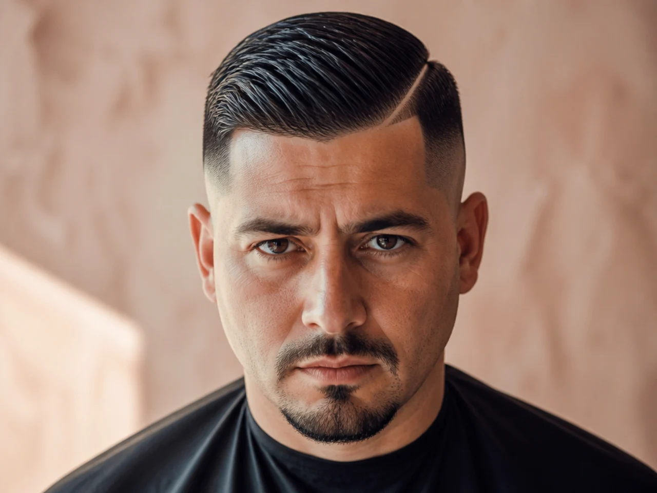 A dated short haircut with shine and a hard line