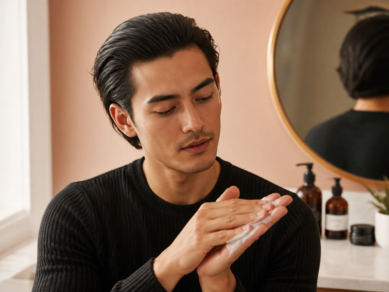 Nickel-sized scoop of pomade being emulsified between two hands until clear