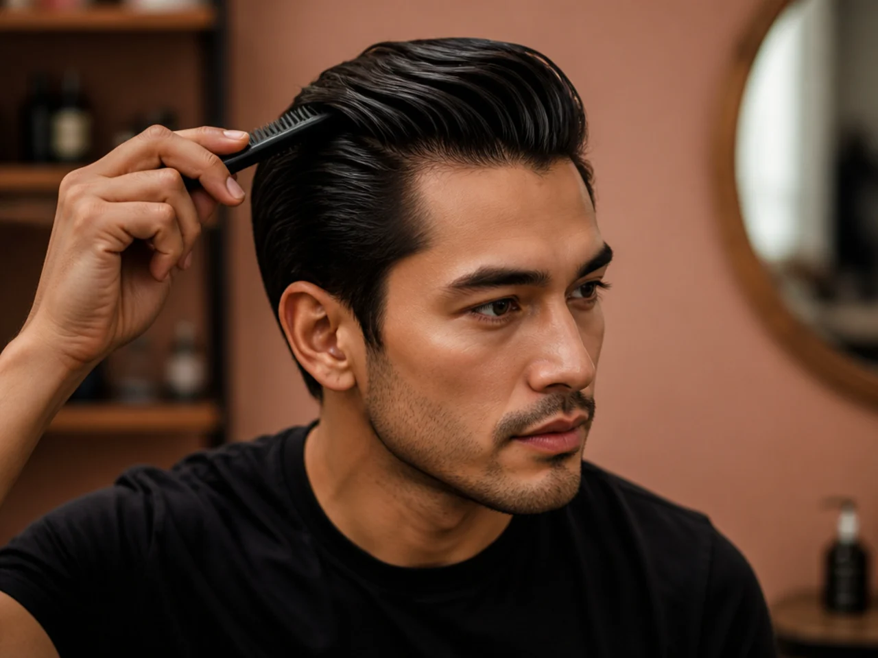 Hands raking pomade from front hairline back to the crown, coating the roots before shaping