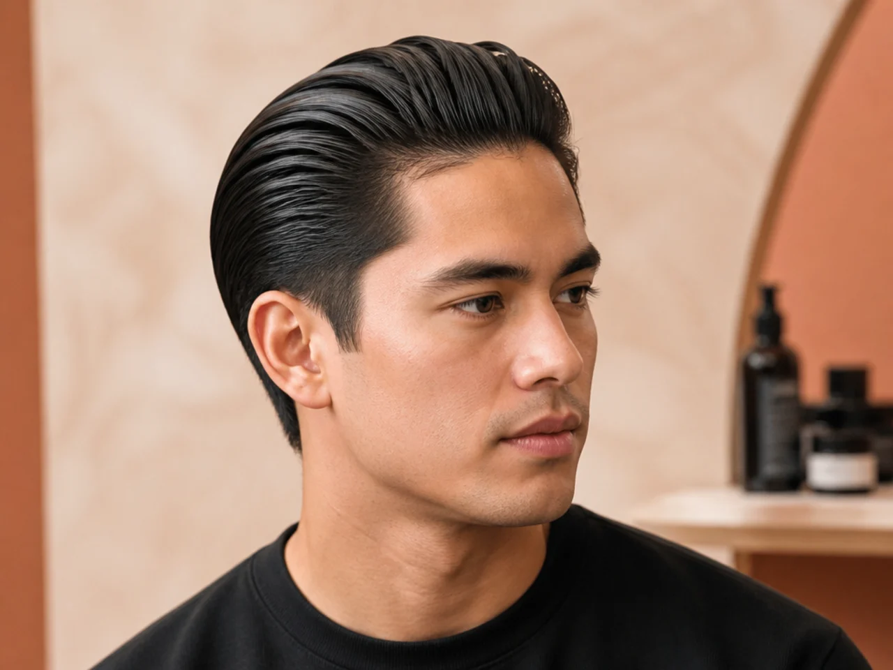 Blow-dryer on low setting pointed straight back at a man's slick back hairstyle to set the shape