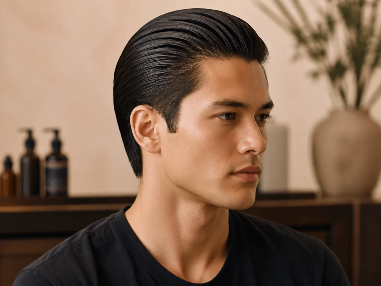 Man with a finished slick back hairstyle looking in the mirror after styling, no touching