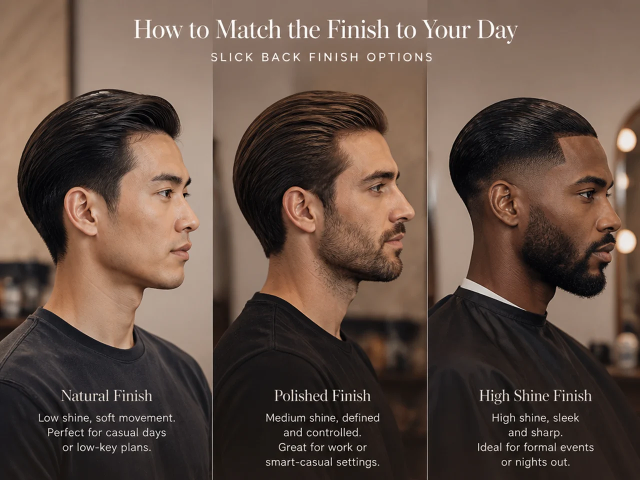 Three slick back finishes side by side — wet-look shine, water-based pomade, and matte clay