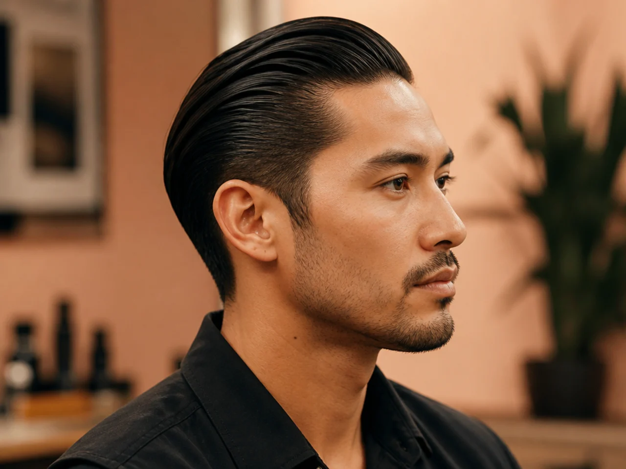 Six-step slick back styling sequence shown on a man in a home bathroom mirror
