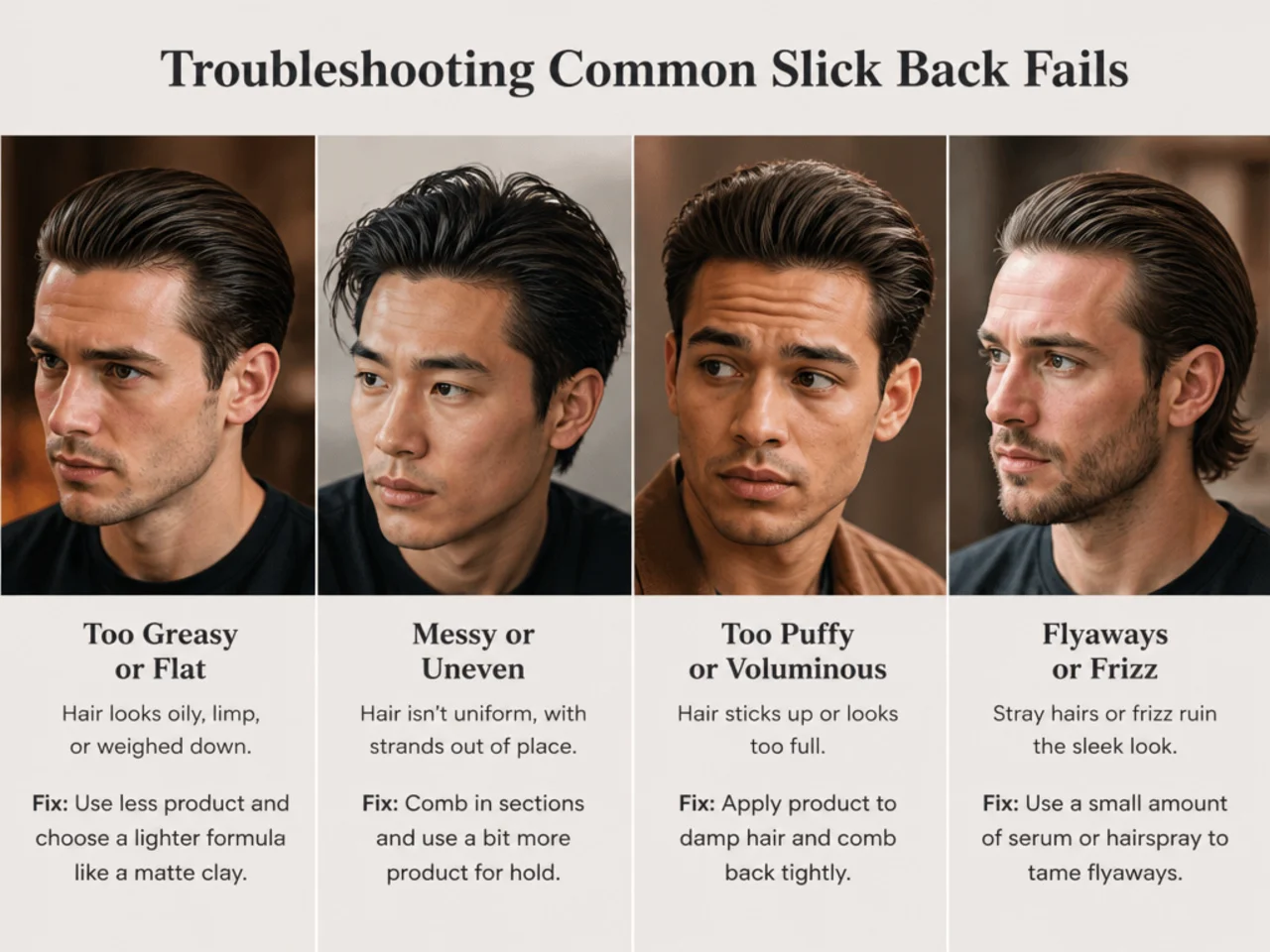 Split view of a slick back hairstyle showing common styling problems and their fixes