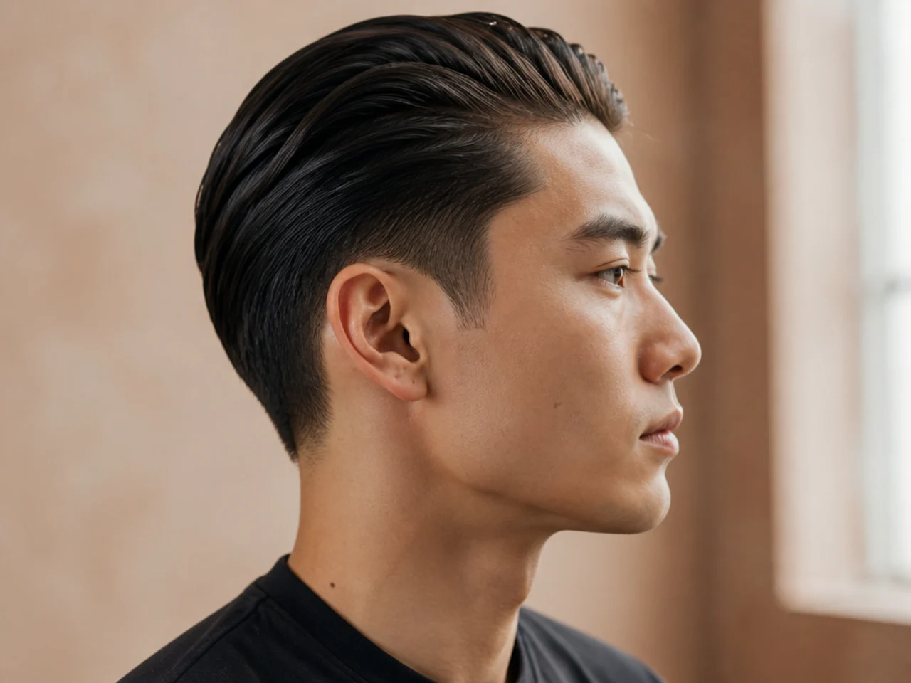 Barber station showing pomade tin, fine-tooth comb, boar-bristle brush, blow-dryer, and spray bottle for a slick back routine
