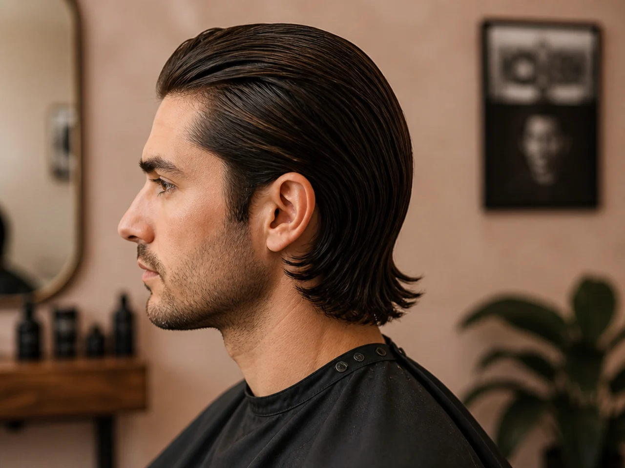 Man in a bathroom mirror lifting his wolf cut crown with fingers instead of a comb