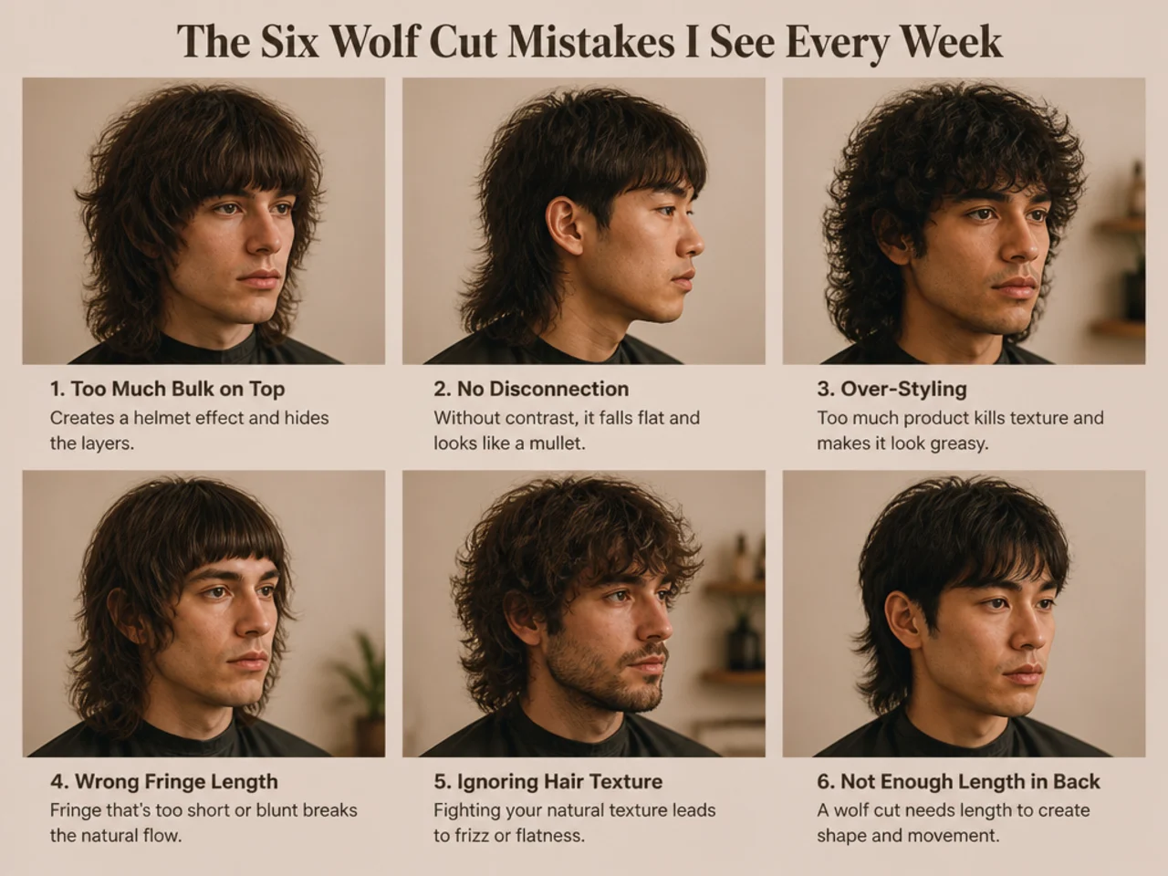 Six numbered vignettes representing common wolf cut mistakes and their fixes