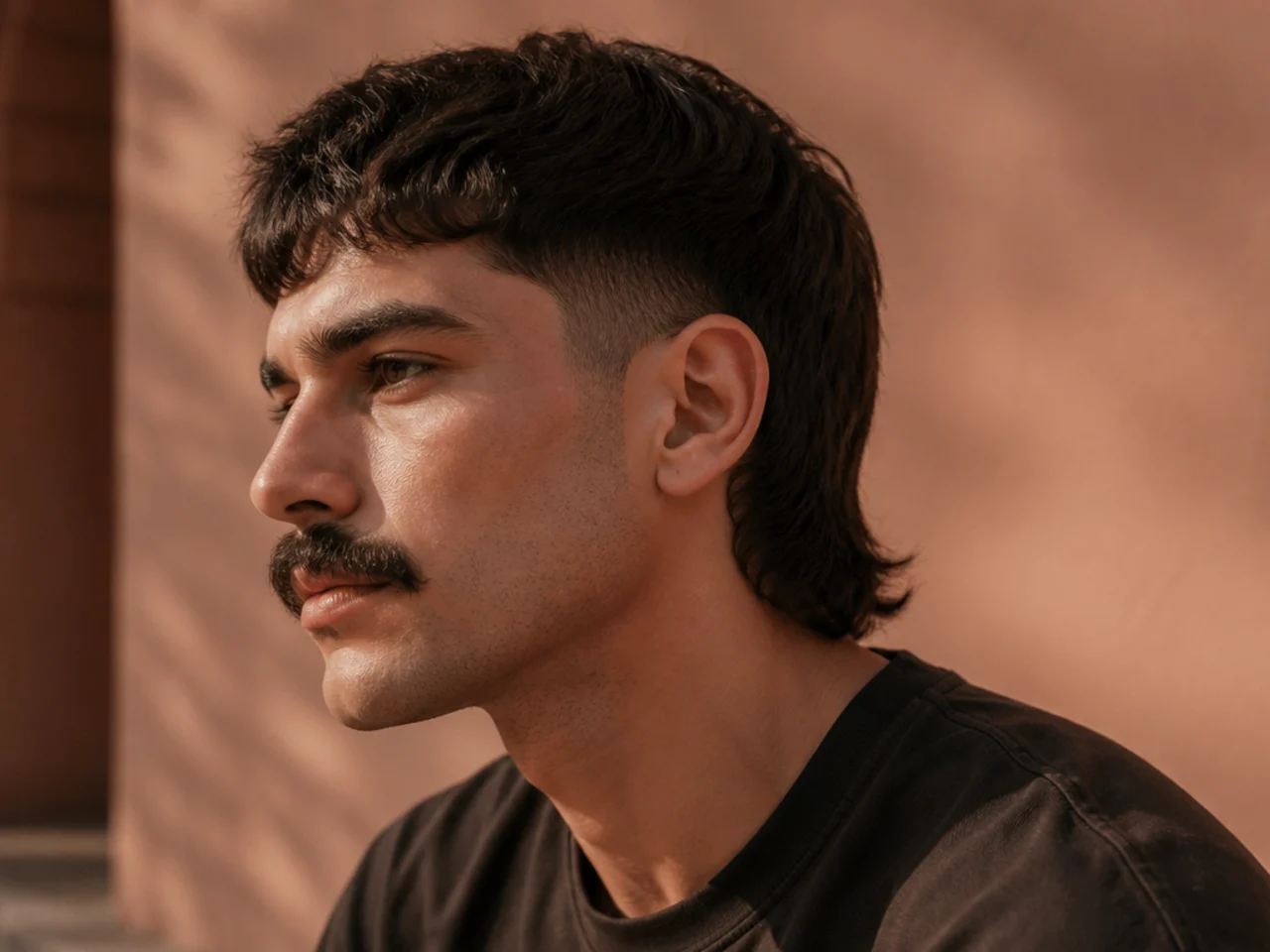 A short mullet fade with a heavy full mustache
