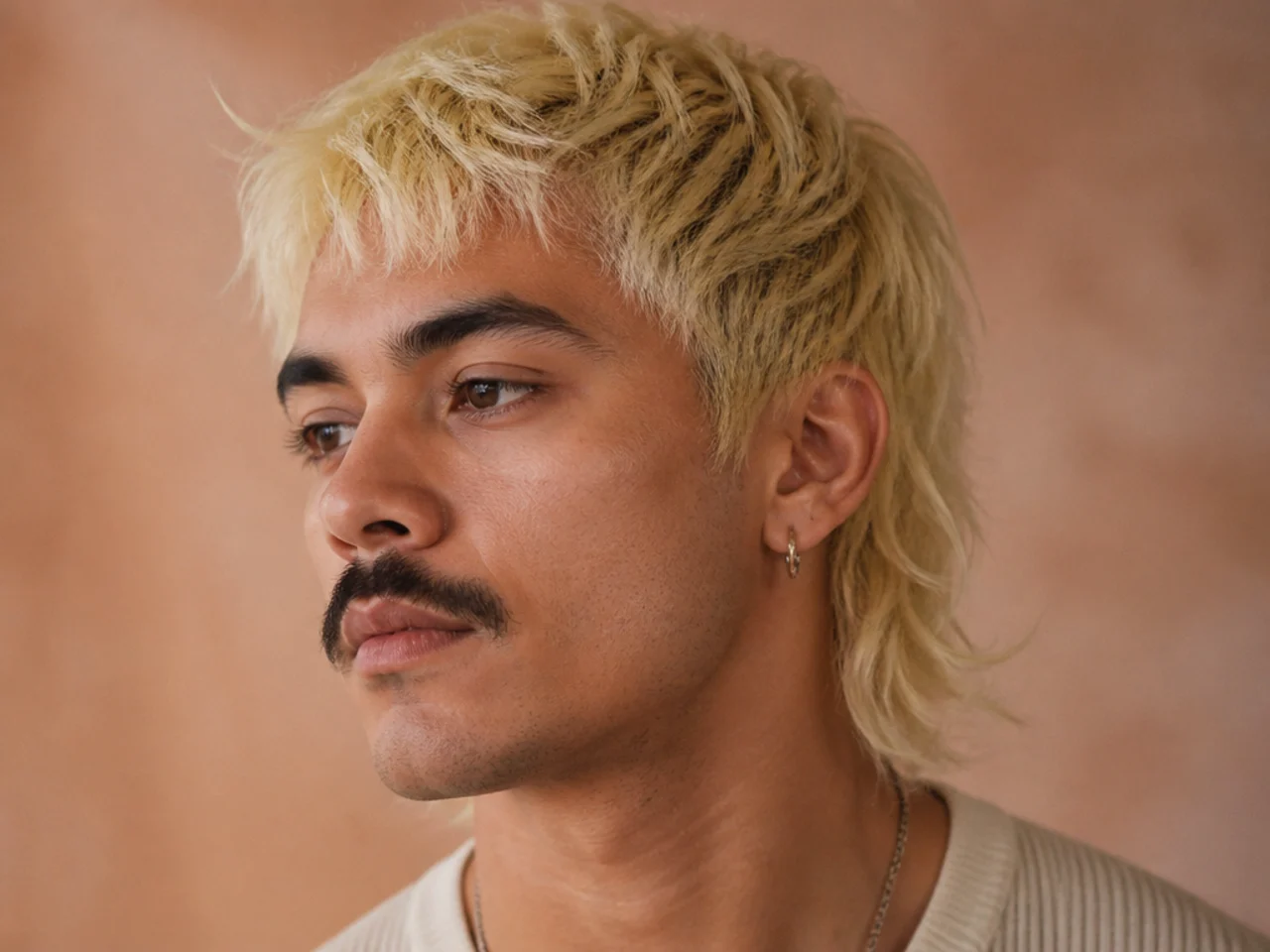 A bleached blonde mullet with a dark mustache