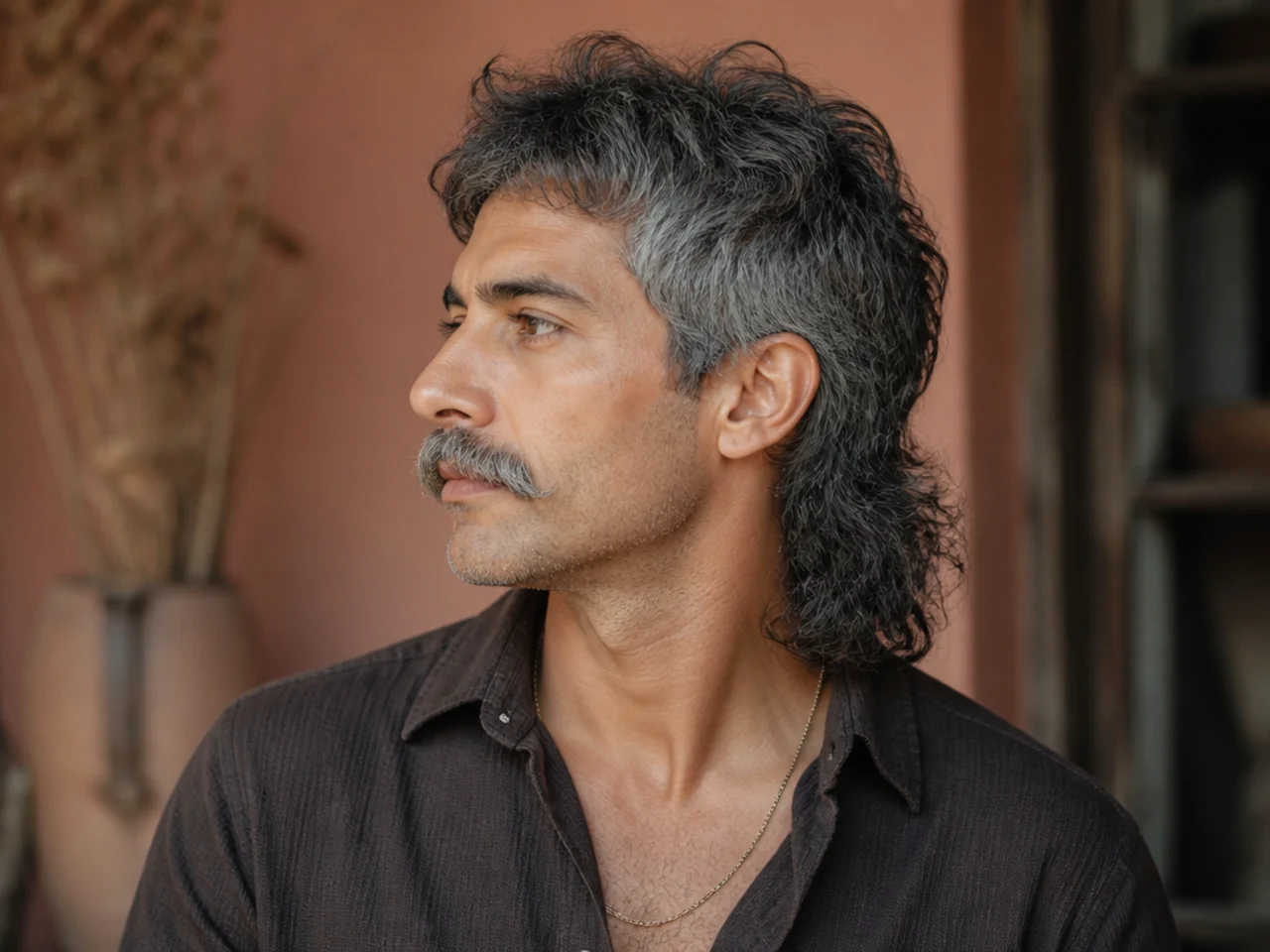 A salt and pepper mullet with a full grey mustache