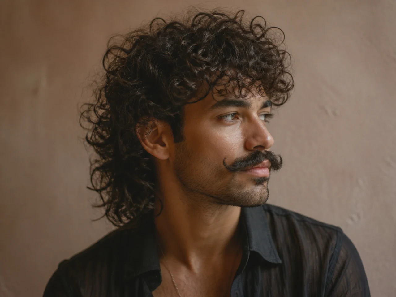 A curly mullet with a curly untamed mustache