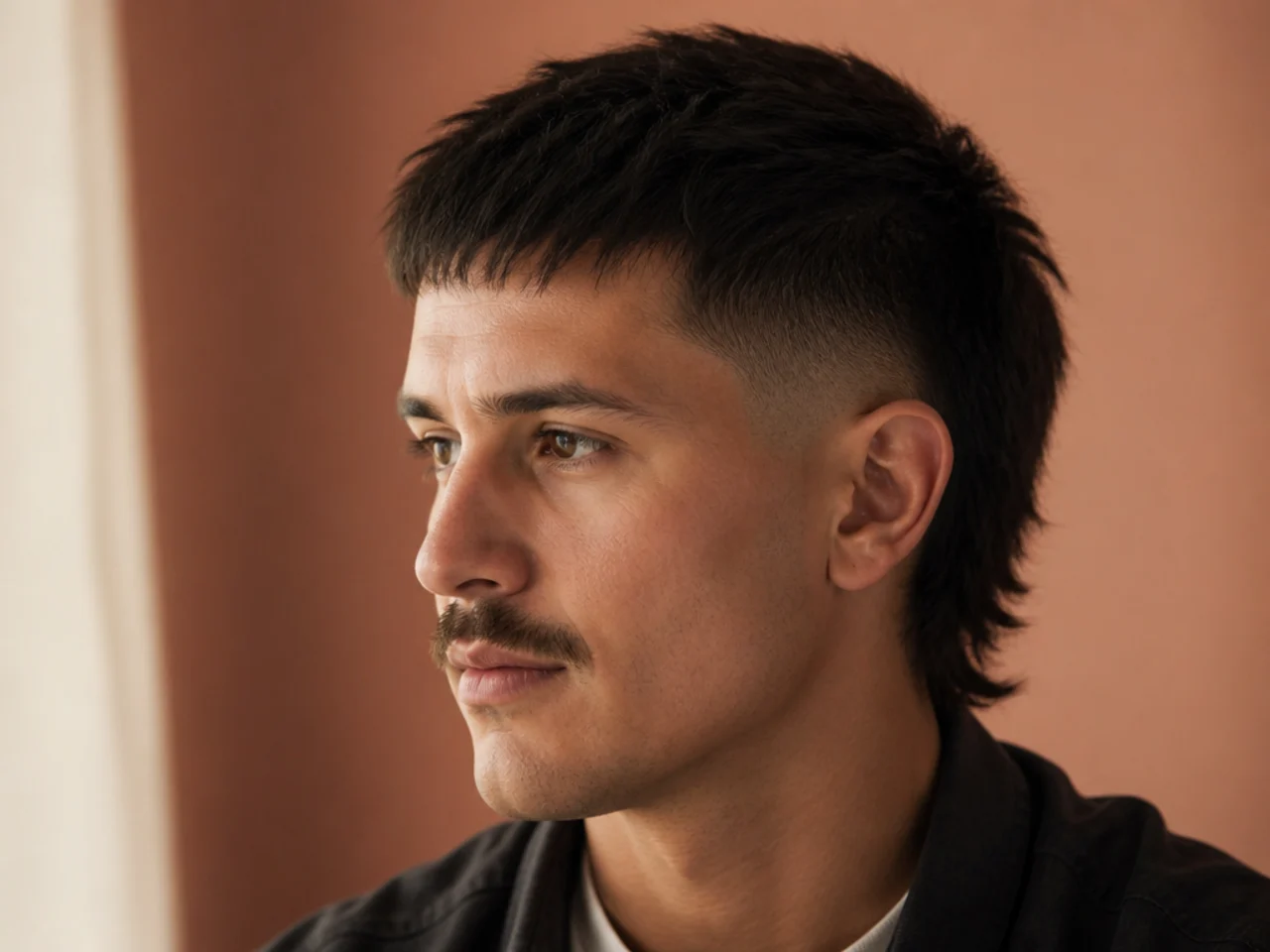 A straight haired mullet fade with a neatly trimmed mustache