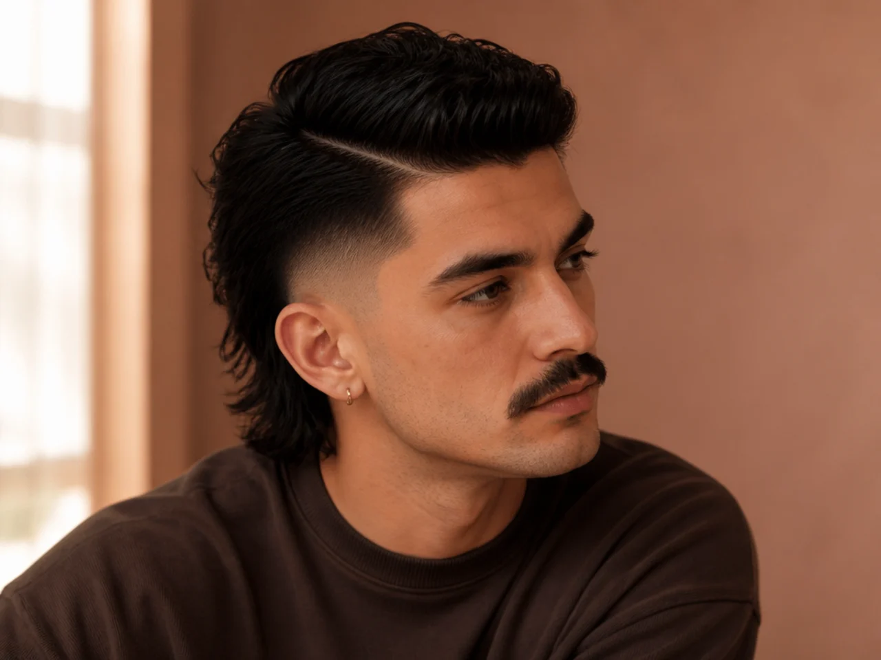 A mullet fade with a hard part line and a sharply edged mustache