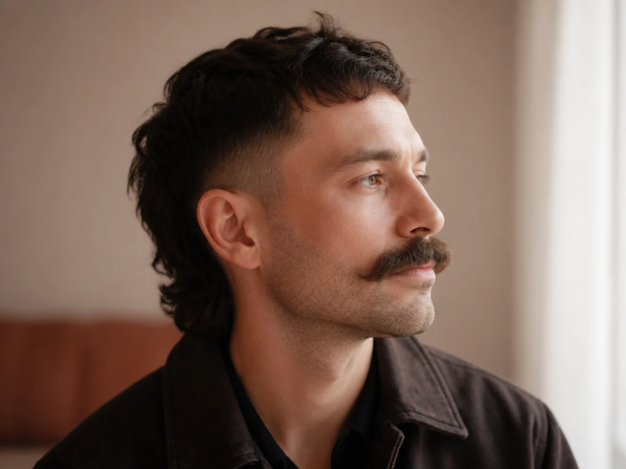 A low fade mullet with a wide full mustache