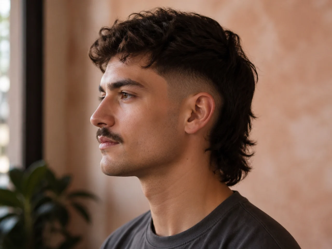 A high fade mullet with a narrow trimmed mustache