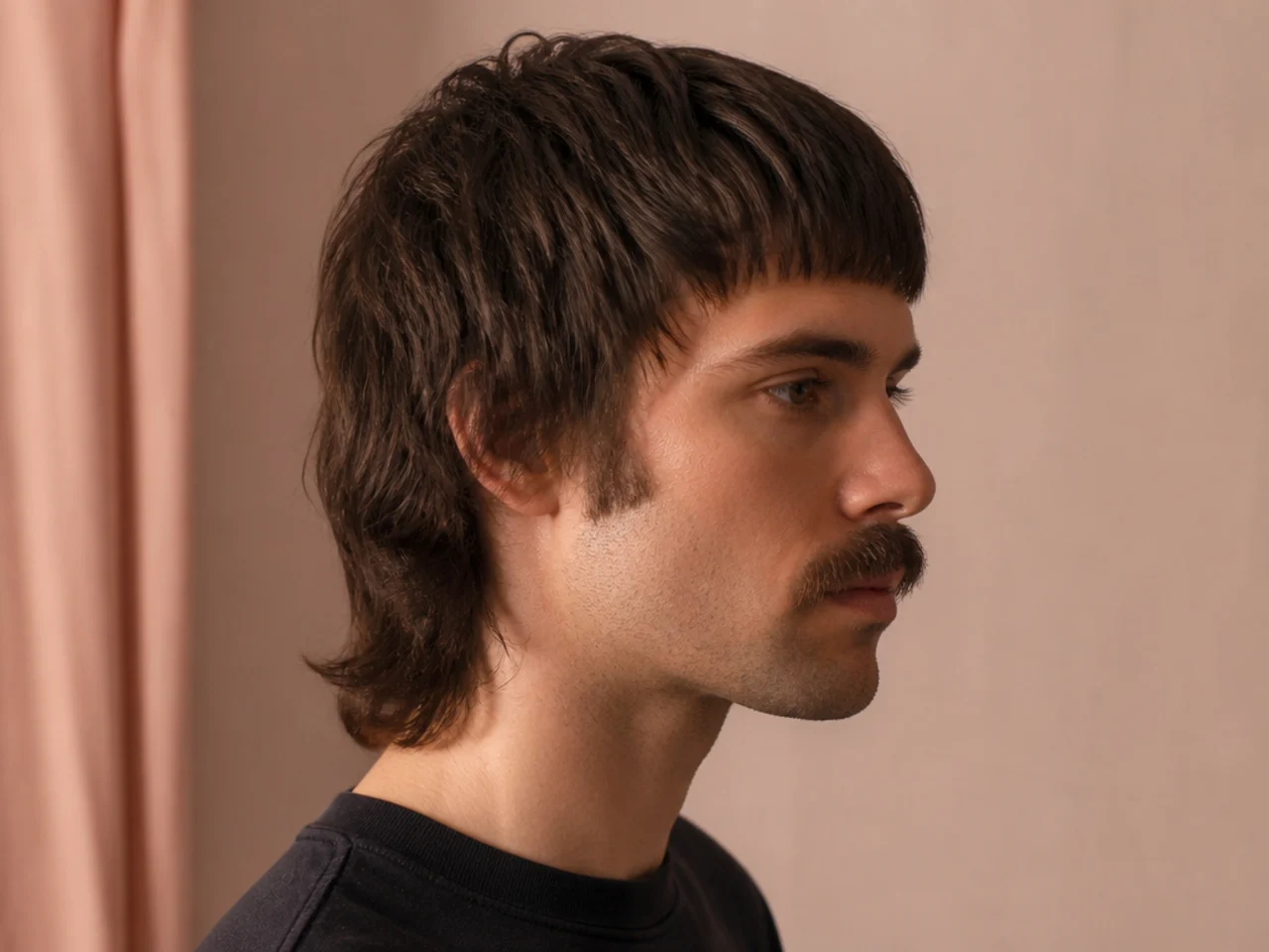 A mullet with a blunt cut nape and a blunt edged mustache