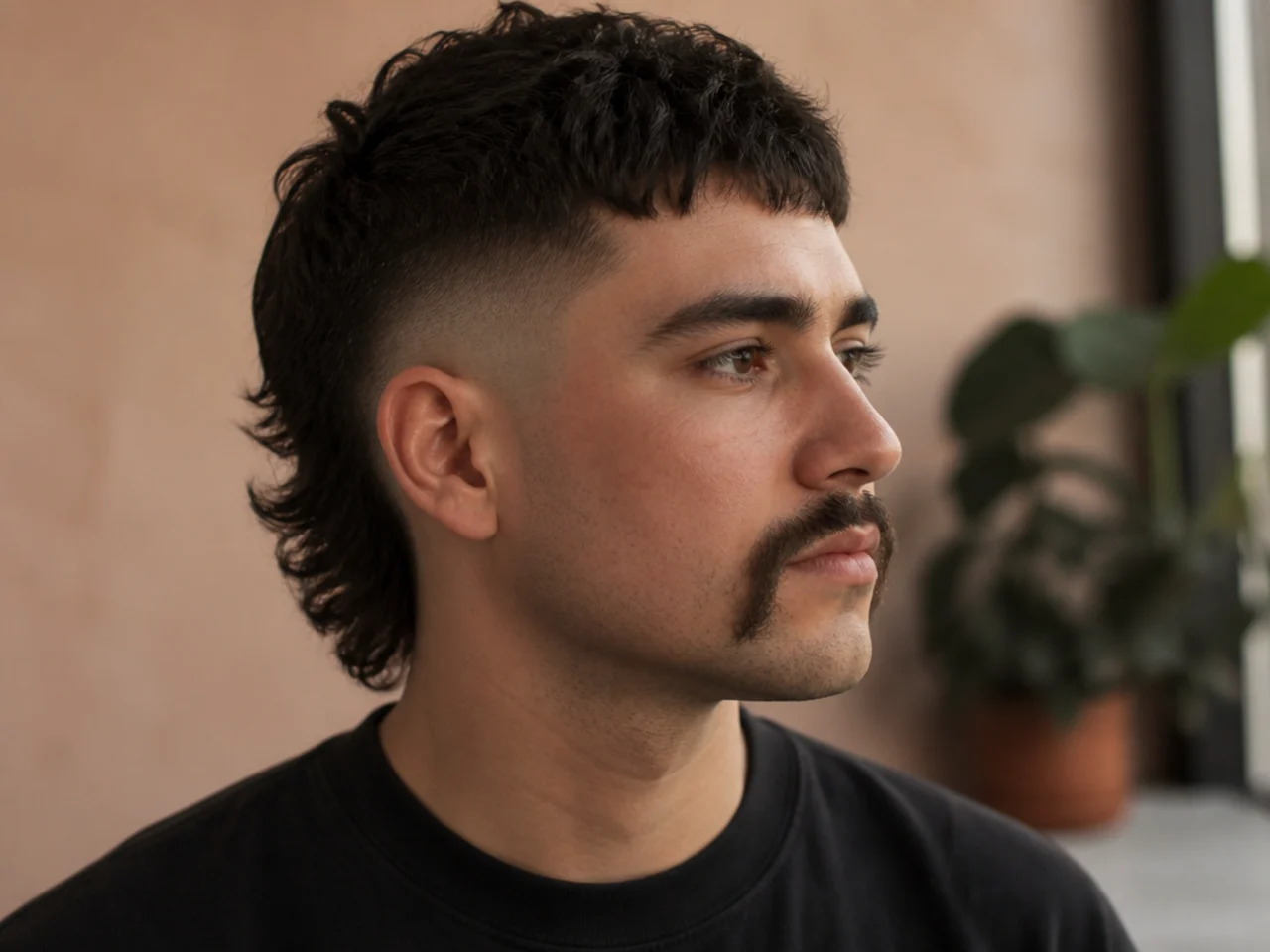 A skin fade mullet with a horseshoe mustache framing the mouth