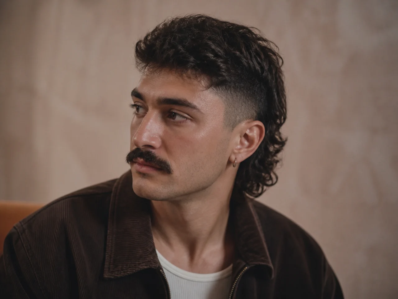 A grown out mullet fade with a mustache crossing the lip line
