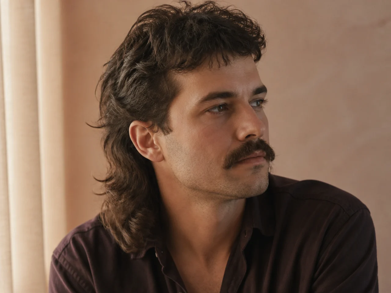 A long mullet paired with a full walrus mustache