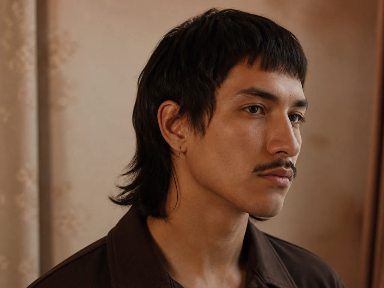 A blunt cut mullet with a thin pencil mustache