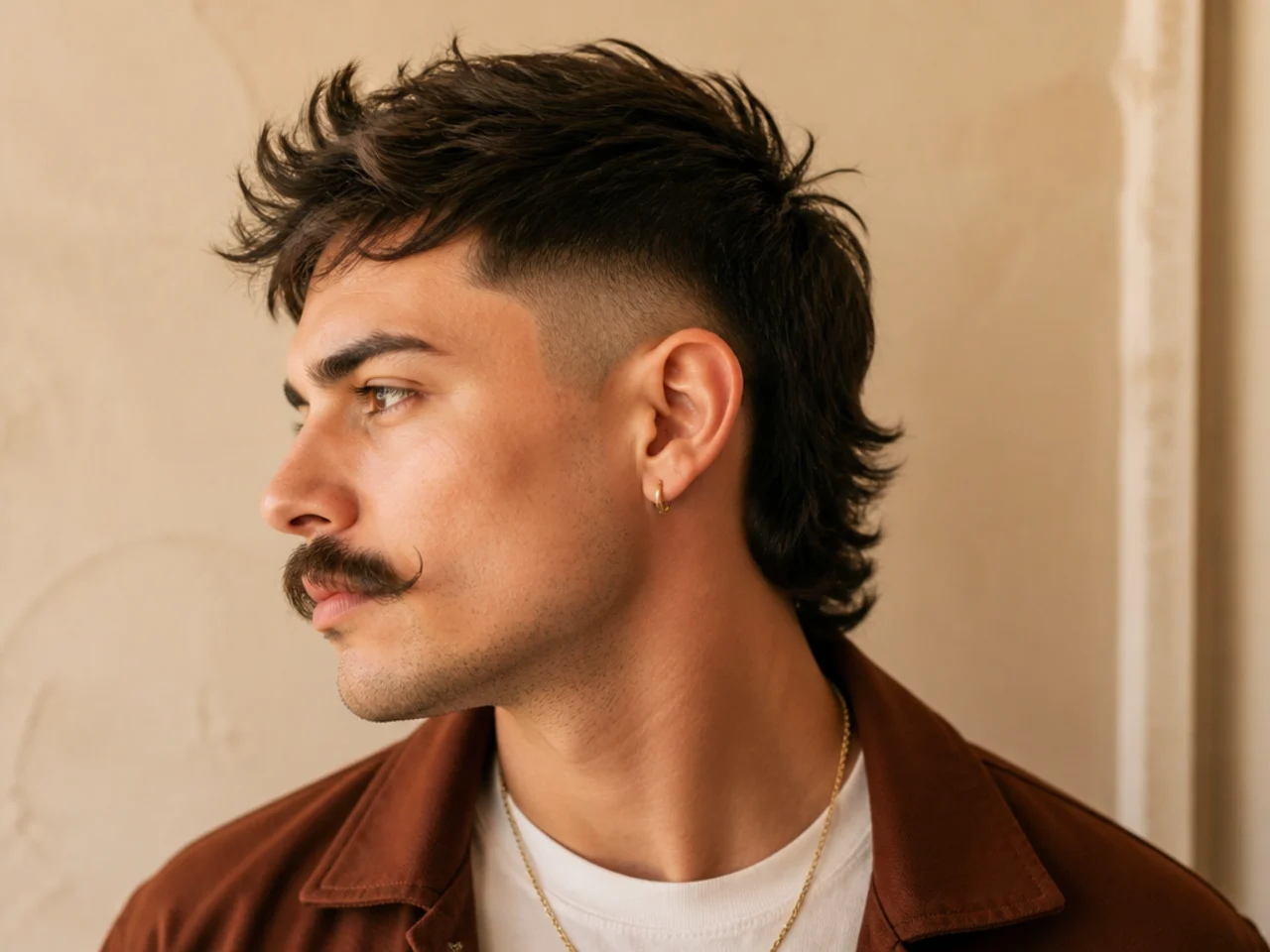 A mid fade mullet with a waxed handlebar mustache