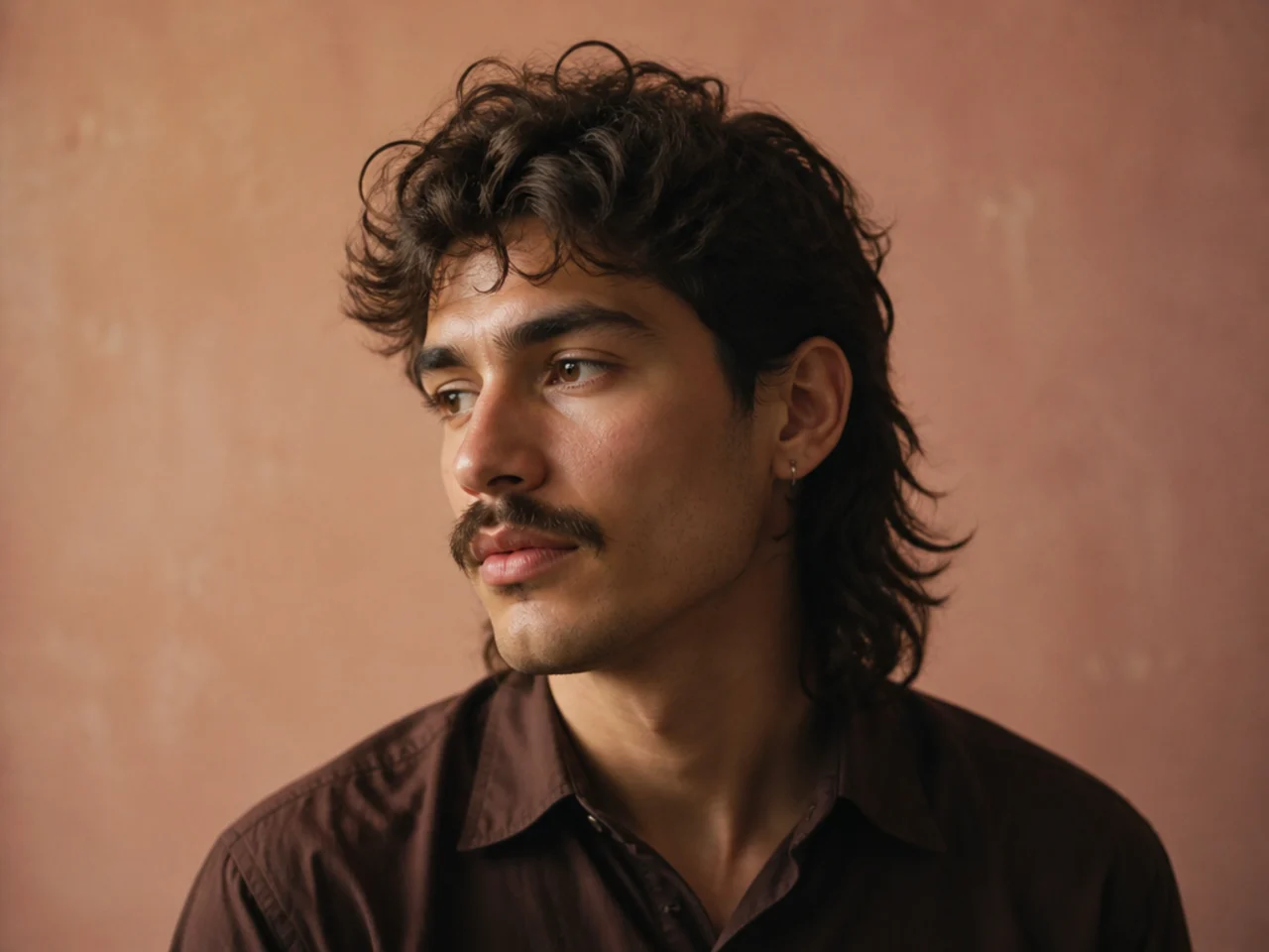 A shaggy untrimmed mullet with a natural mustache