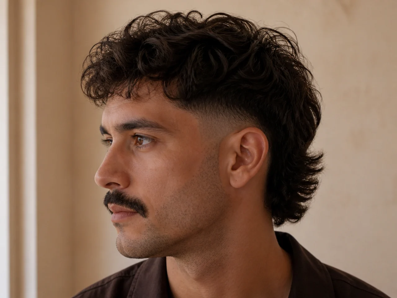 A burst fade mullet with a squared boxed mustache