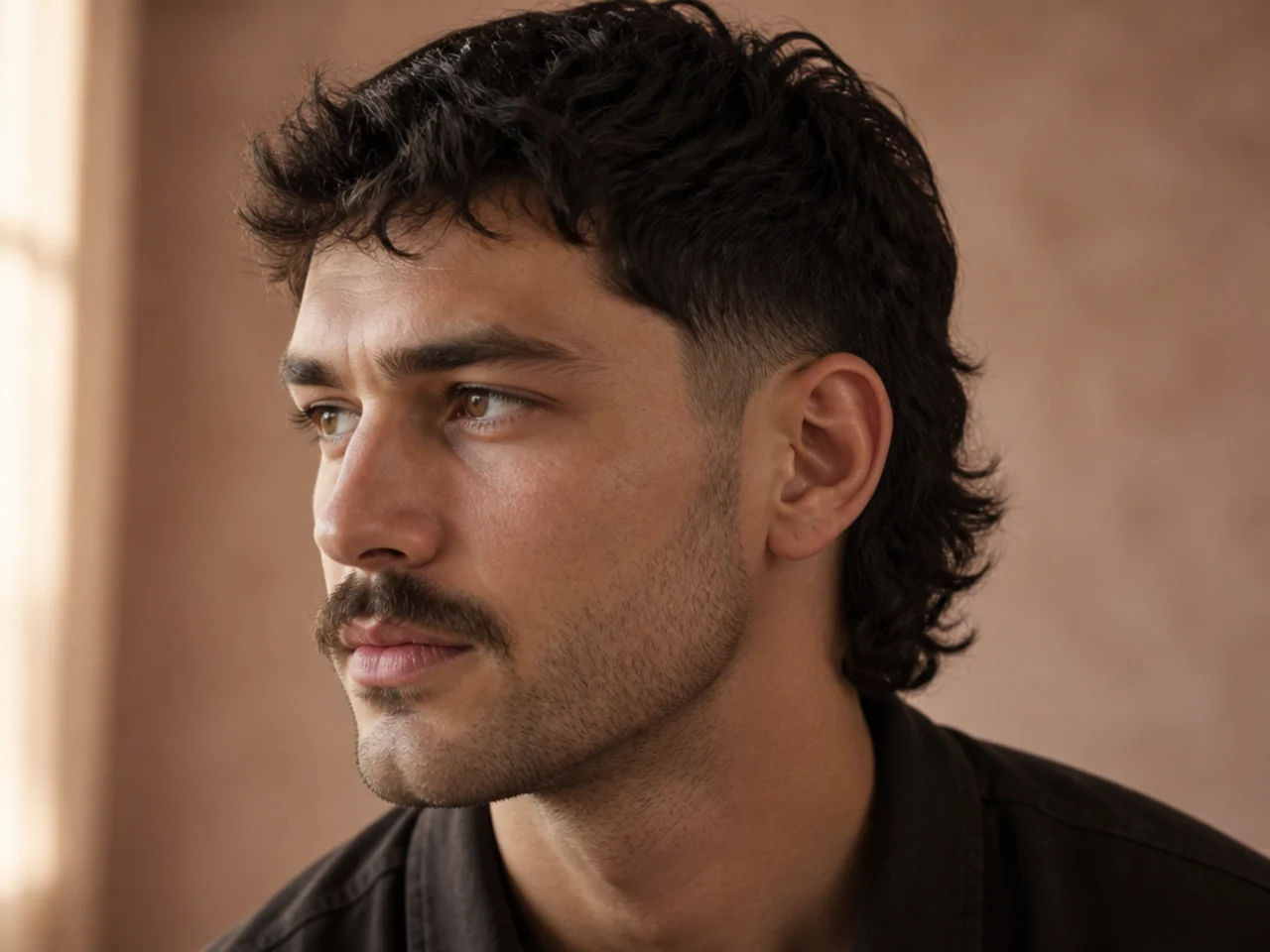 A faded mullet with a full mustache blending into short stubble