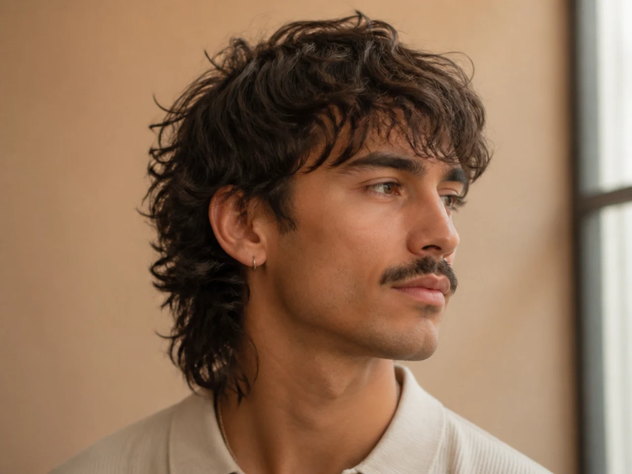 A textured wolf mullet with a thin trimmed mustache