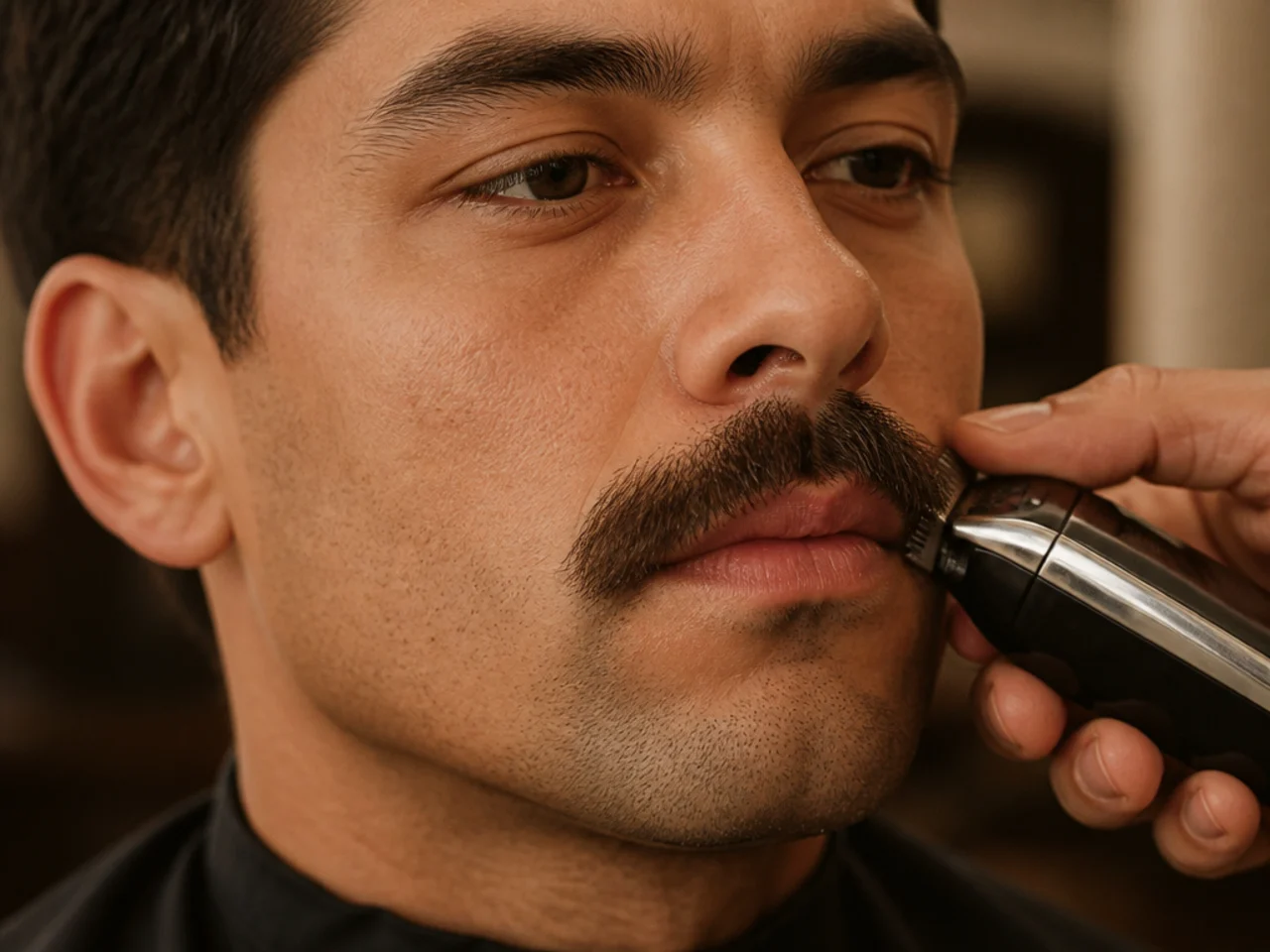 Close up of a mustache being trimmed to the corners of the mouth