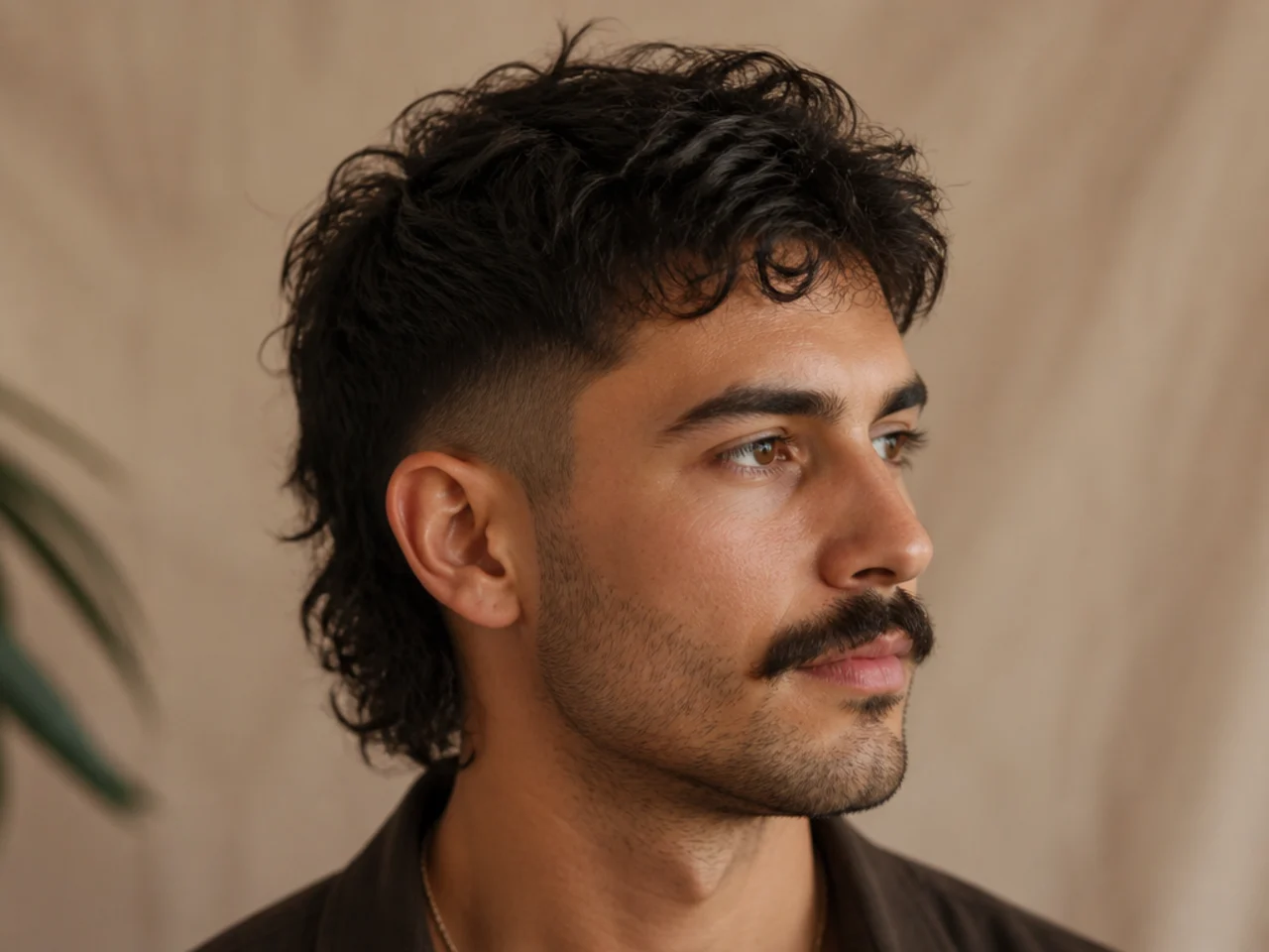 Three quarter view of a faded mullet with a full mustache