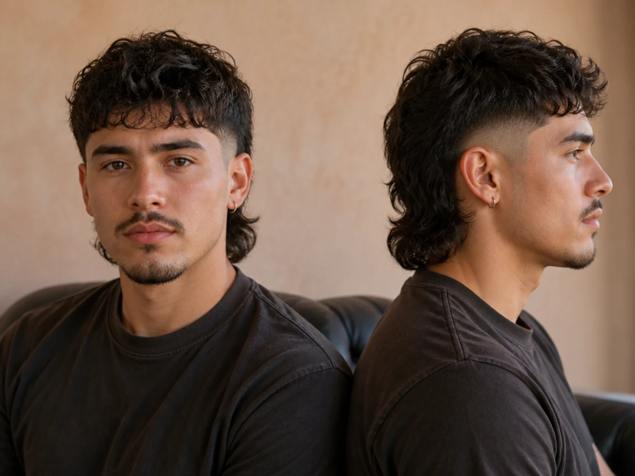 Front and side view of a faded mullet showing where the fade narrows the head