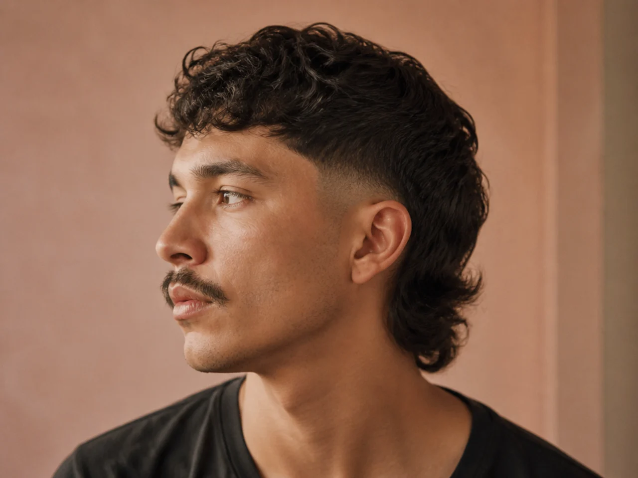 An uneven mustache paired with a high skin fade mullet
