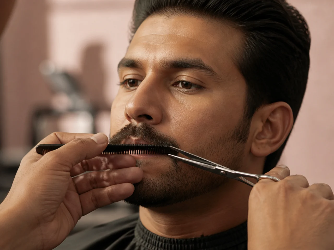 A mustache being combed down and trimmed along the lip line