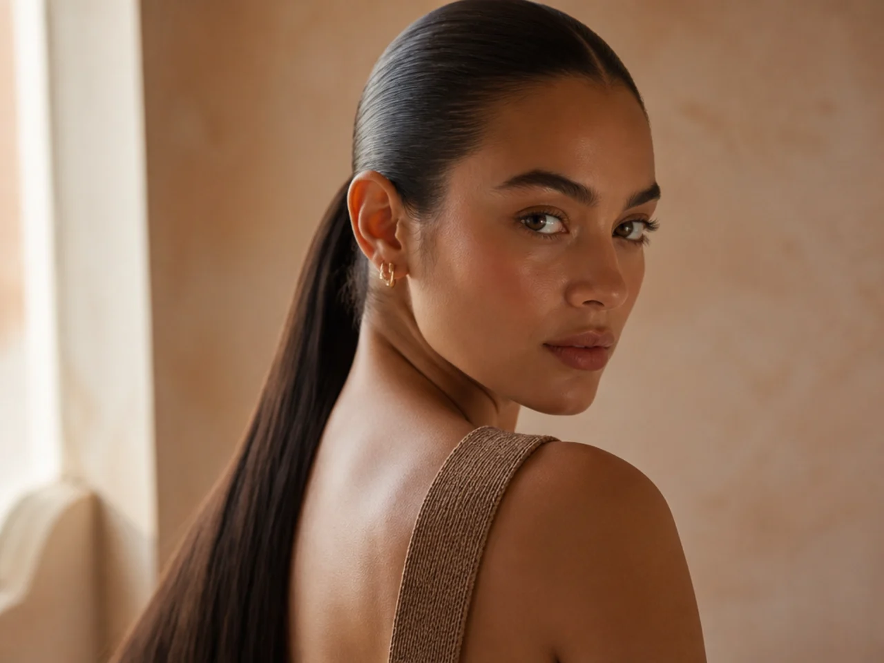 Hair slicked back into a smooth plane with a long tail behind