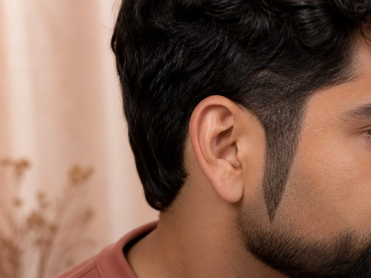 A sideburn trimmed to a sharp downward point beside the ear