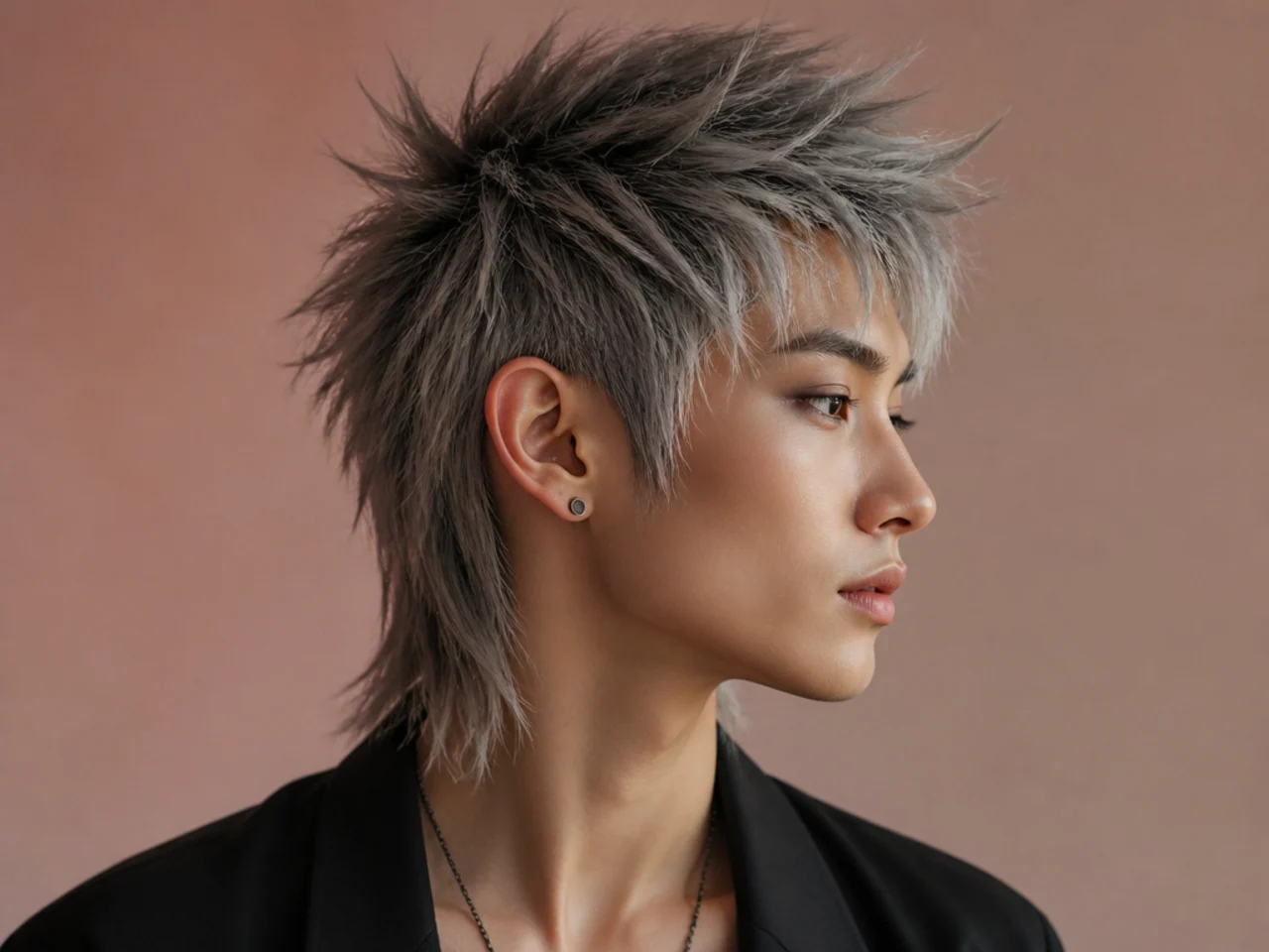A silver grey spiked mullet with cool toned separated sections