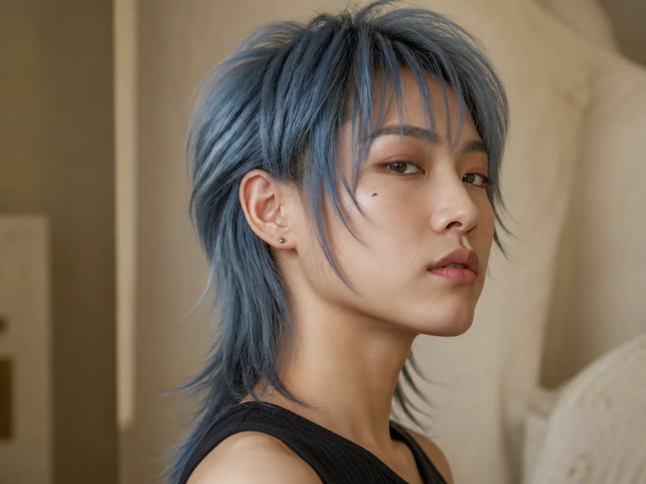 A cool ash blue mullet with sharply separated fringe sections