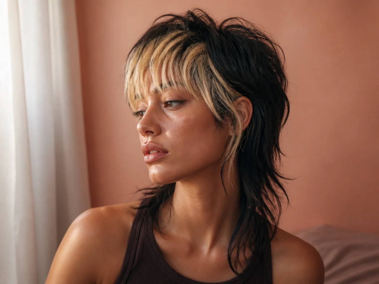 A bleached blonde fringe against dark hair in a mullet shape