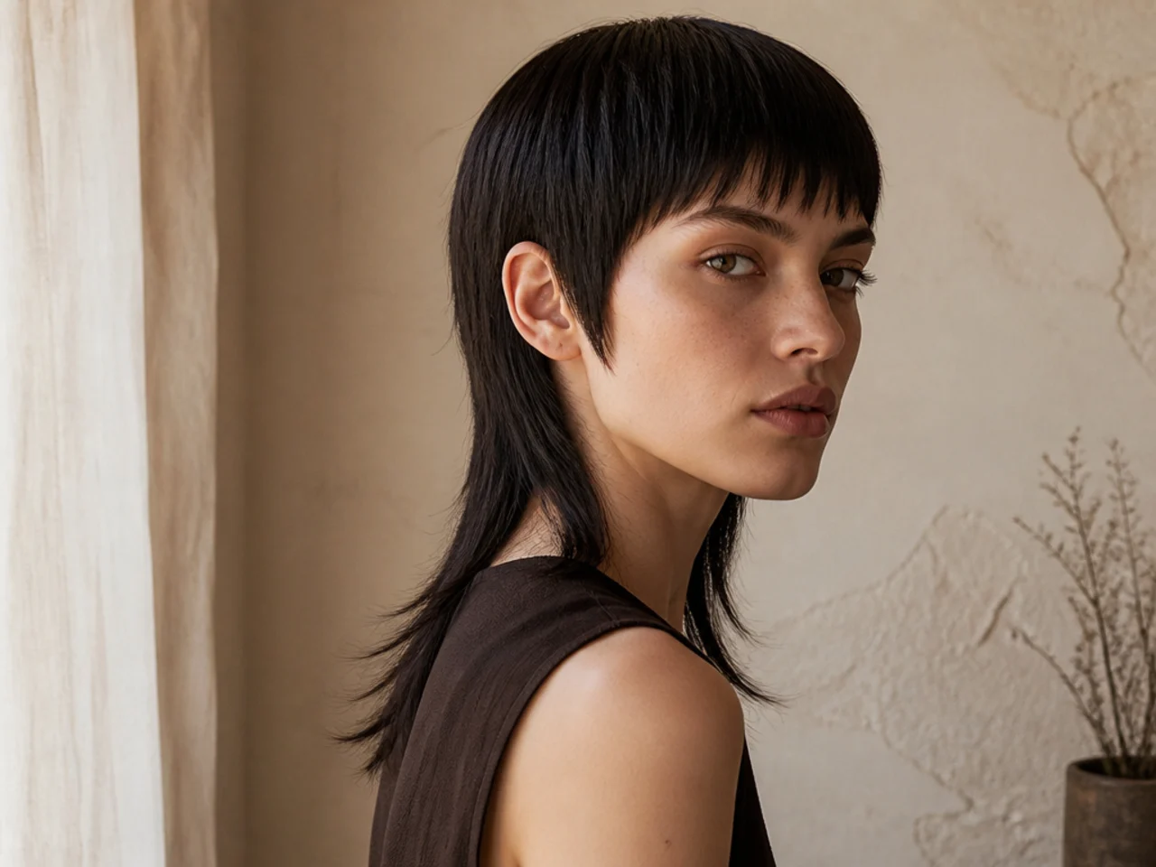 Poker straight dark hair cut into a sharp edged mullet shape