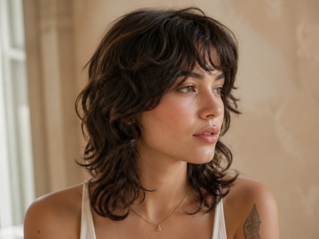 Wavy hair in a layered mullet with softly separated pieces
