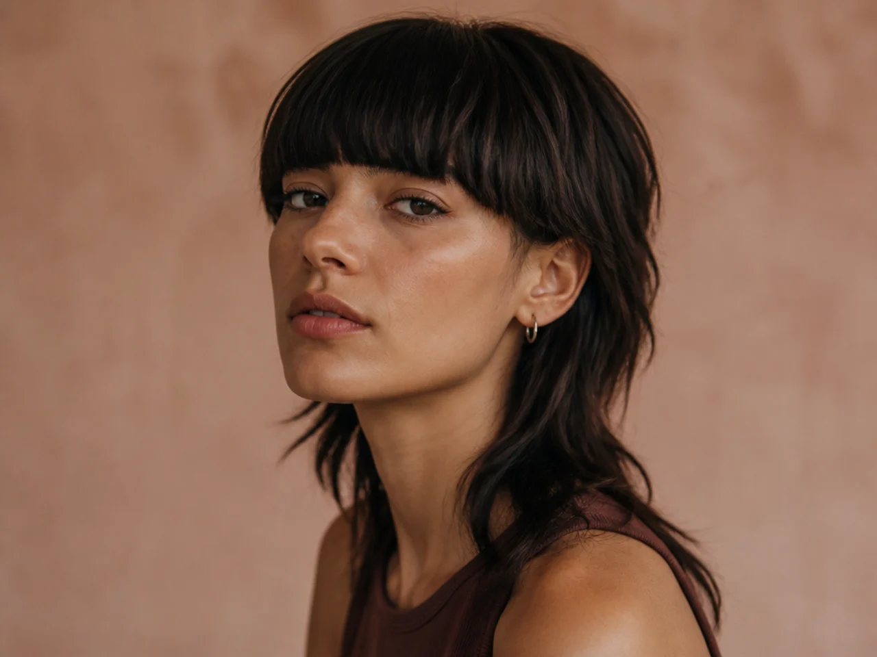 A heavy blunt fringe cut straight across the eyebrows above a mullet shape