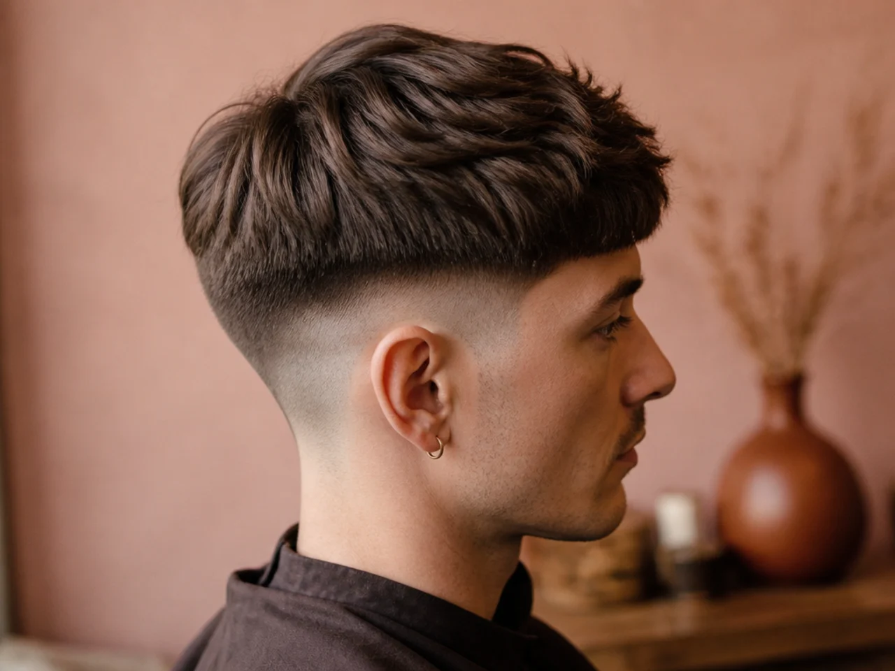 A heavy block of hair on top sitting over clipped short sides with a hard step