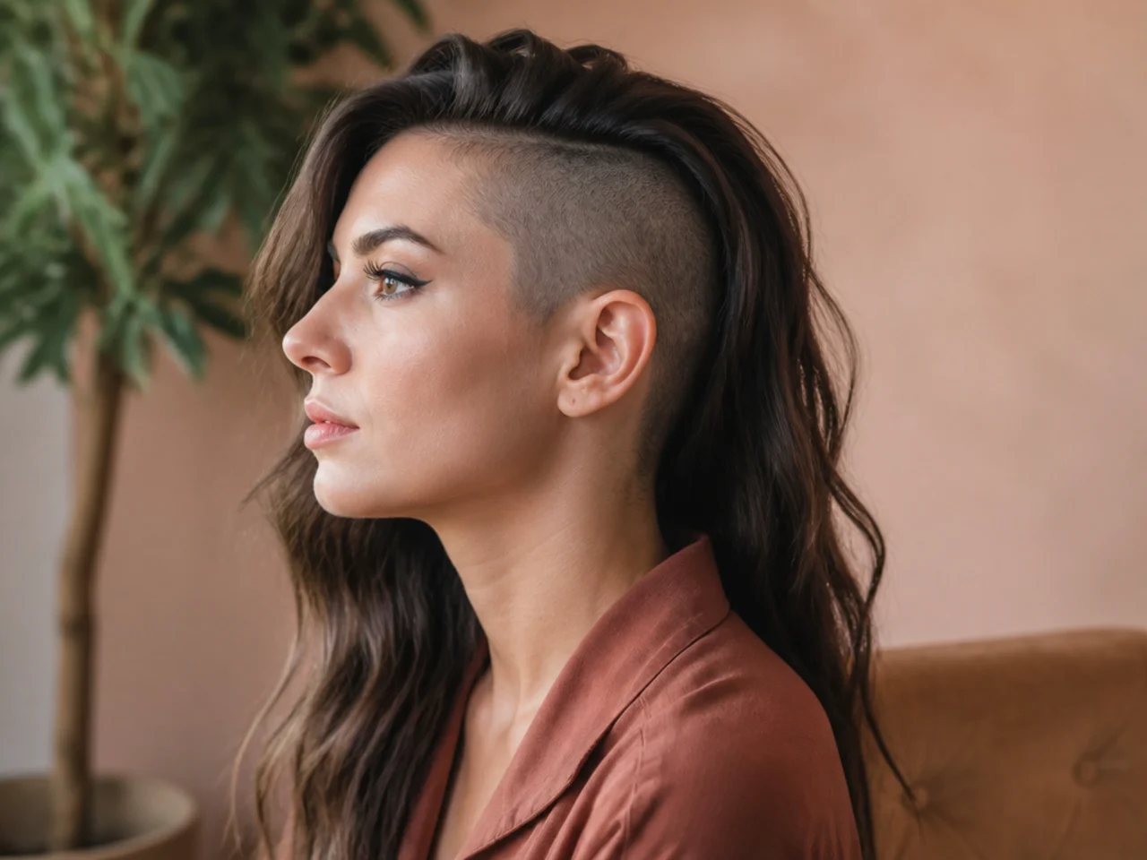 Long hair on top falling over a shaved undercut with a long back