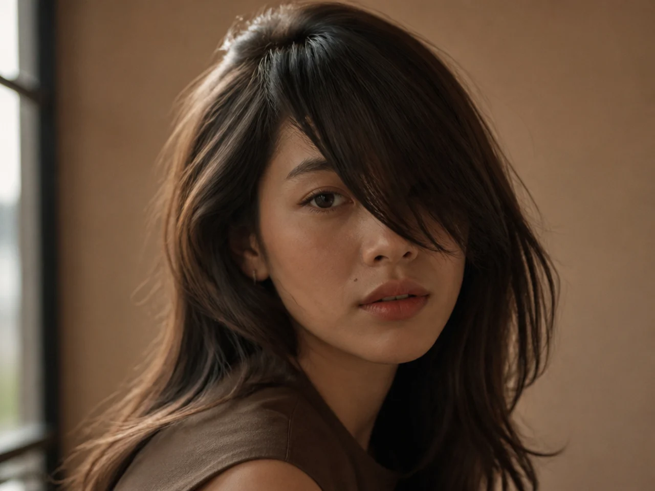 A long fringe cut on a steep diagonal falling past one eye