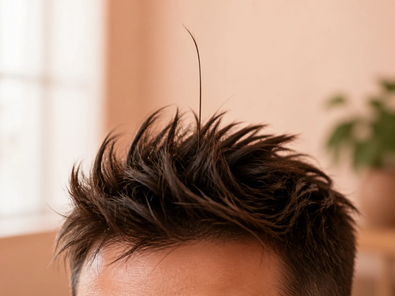 A single strand of hair standing upright above a spiked crown